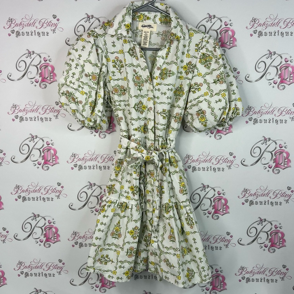 Jessica Simpson dress flowers button up puff sleeve Green and White Mini Dress